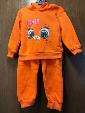 Kids Orange Hooded Matching Set with Cute Face Graphic